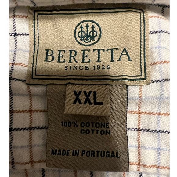 Beretta Long Sleeve Button Down Shirt White Blue Tan Check 100% Cotton Size 2XL - Picture 4 of 4